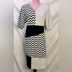 Black White Funky Retro Dress Chevron Print Eclectic Mod Knit Sheath Sz Large XL